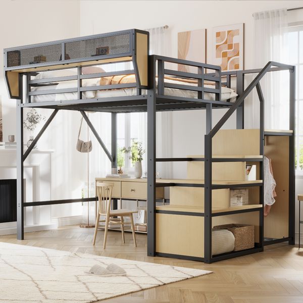 Hochbett 140x200 mit Sicherheitsleiter und flexiblem Staufach, Metallbett Erwachsenenbett Kinder-Etagenbett Schwarz