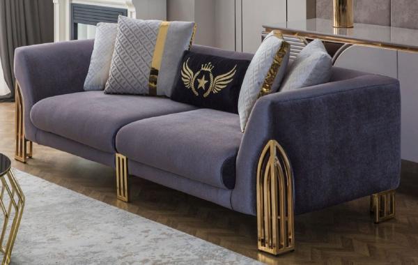 Casa Padrino Luxus Sofa Lila / Gold 230 x 90 x H. 77 cm - Wohnzimmer Sofa - Hotel Sofa - Wohnzimmer Möbel - Hotel Möbel - Luxus Möbel - Wohnzimmer Einrichtung - Luxus Einrichtung