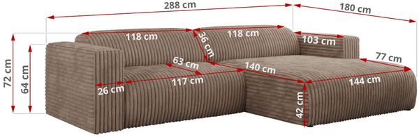 Ecksofa PASADENA, freistehendes Ecksofa, breite Armlehnen, Federsitz - rechts - Braun Cord Bild 8