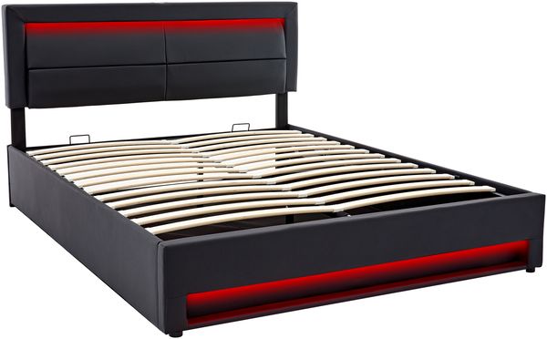 Polsterbett 160x200cm, USB, LED, Stauraum, PU-Litschi, Schwarz Bild 7