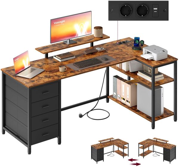 VASAGLE L-förmiger Eckschreibtisch mit Steckdosen, Computertisch, Gaming-Tisch, beidseitig montierbar, verstellbare Ablagen, 4 Schubladen, 2 USB-Anschlüsse, 160x80 cm, vintagebraun LWD173KD01