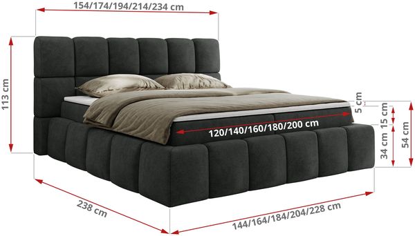 Boxspringbett mit dekorativem Kopfteil, Doppelbett mit zwei 7 Härtezonen Multipocket-Matratzen, Bettkästen, Polsterbett - NIRA - 120 x 200 cm - Dunkelgrau Struktur - H4 Bild 6