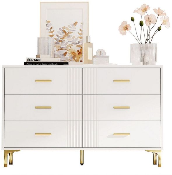 Merax Sideboard mit 6 Schubladen (1 St, Aufbewahrungsschrank Schrank für Wohnzimmer Schlafzimmer Flur), Kommode mit Wellenfront und Metallfüßen, Buffet, H76/B120/T40 cm