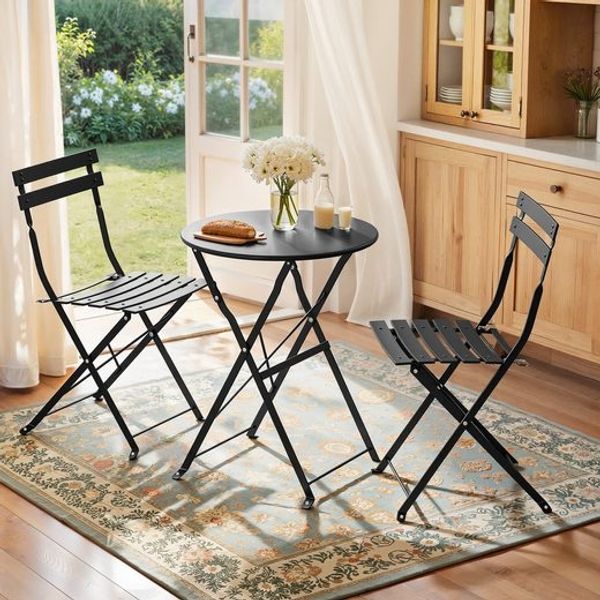 SONGMICS Balkonmöbel 3-teilig, 1 Klapptisch mit 2 Stühlen, Gartenmöbel-Set, aus Stahl, für Balkon, Terrasse, schwarz