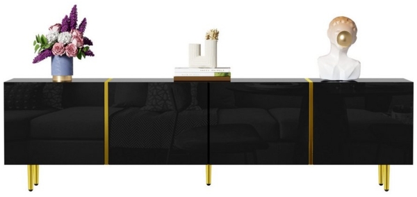 HAUSS SPOLE Lowboard Schwarzes Hochglanz mit 4 Türen, modern und schlicht Schwarz-Gold (Fernsehtisch,TV-Ständer in Schwarz-Gold-Farbkombination, 1 St, mit 4 Türen), mit Hochglanz-Oberfläche, Soft-Close-Scharniere