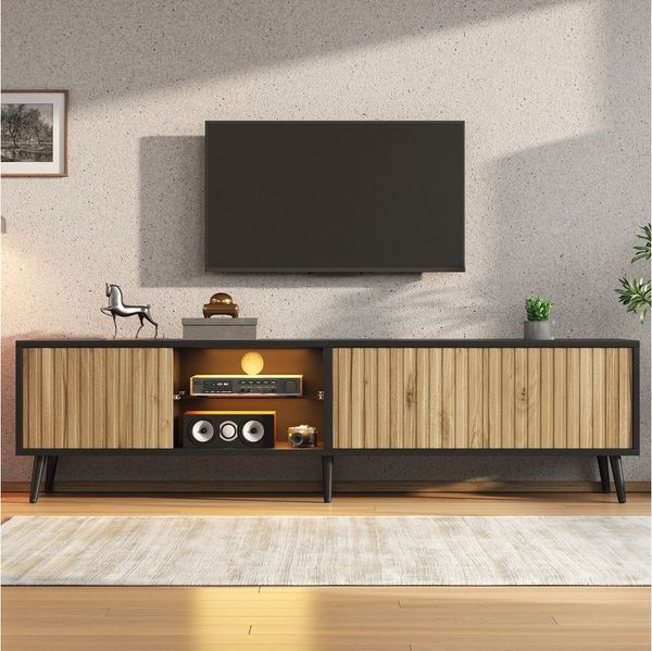 KLAM HOME Lowboard LED TV-Schrank 175cm Naturholz-Schwarz für 75 Zoll Fernseher (Lowboard mit App-gesteuerter Beleuchtung, 3 Schränken & Glasfach), Moderner Wohnzimmer TV-Ständer mit viel Stauraum & 6 Stützbeinen
