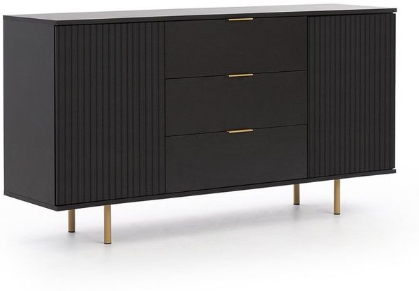Lomadox Wohnzimmer-Set NADOR-132, (Mega-Spar-Set, 2-St, Sideboard Vitrine), matt schwarz, goldfarbenen Metallgriffen und -füßen, Front Rillenoptik