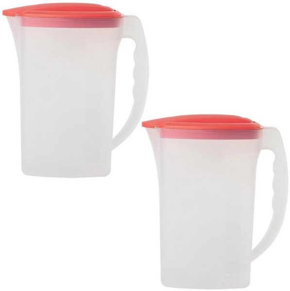 Engelland Wasserkrug Getränkekkrug mit Füllskala und abnehmbarem Deckel, (Vorteils-Set, 2-tlg, 2 Liter Fassungsvermögen je Krug), BPA-frei, frostbeständig, spülmaschinengeeignet, Kühlschrankkrug