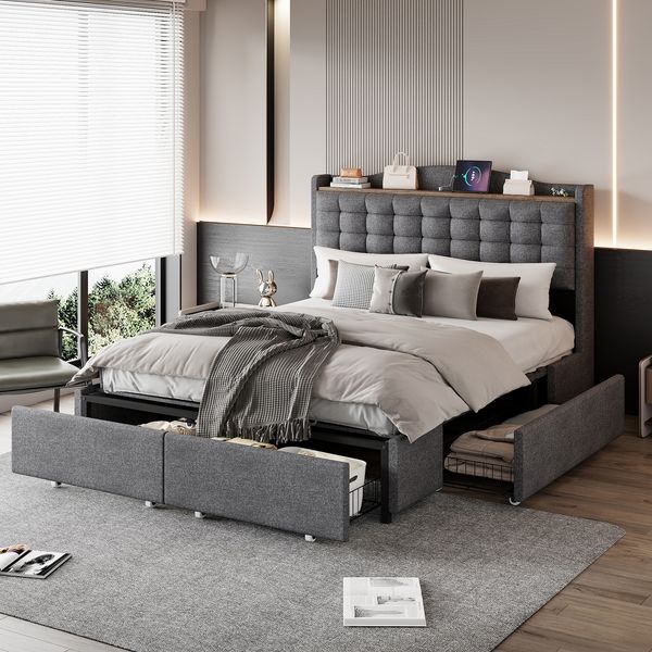 Merax Polsterbett 140*200 cm, Nachttisch mit USB-Ladeanschluss und Ablage, Doppelflachbett mit 4 Schubladen, Leinenstoff, Darkgrau