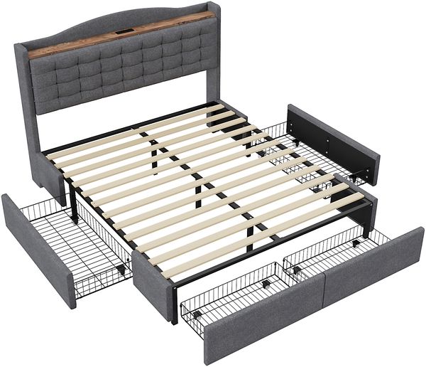 Merax Polsterbett 140*200 cm, Nachttisch mit USB-Ladeanschluss und Ablage, Doppelflachbett mit 4 Schubladen, Leinenstoff, Darkgrau Bild 9