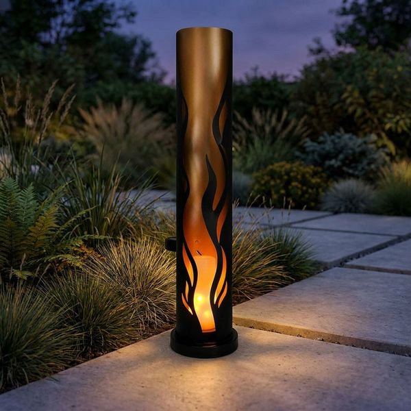 Harms Import LED Solarleuchte, LED-Leuchtmittel fest verbaut, LED Solarleuchte Stahl schwarz gold Feuer-Effekt Gelb IP44 Höhe 49cm