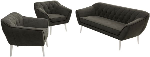 Wohnzimmerset PIRS 1-1-3, Skandinavisches 3-Sitzer Sofa mit Sesseln, Sofa mit Wellenfederung, weiße Füße, Skandinavisches Möbelset - Dunkelgrau Velvet Bild 8