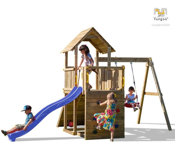 Fungoo Spielturm "Carol 3", natur,mit Rutsche, Schaukel, Kletterwand, Rampe und Holzdach