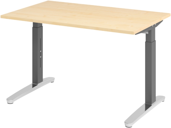 bümö manuell höhenverstellbarer Schreibtisch 120x80 in Ahorn, Gestell in graphit/alu - PC Tisch höhenverstellbar & klein, höhenverstellbarer Tisch Büro, kleiner Computertisch verstellbar, X12-3-GC