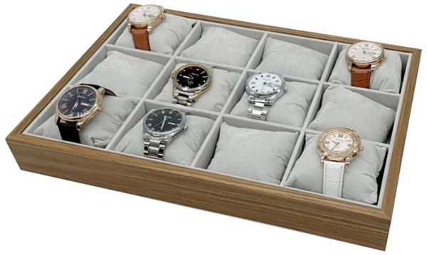mixed24 Uhrenbox Holz Uhrentablett für 12 Uhren (3x4) Uhrenkiste, Uhrenaufbewahrung Samt Uhrenpräsentation Vorzeigetablett Dunkelbraun