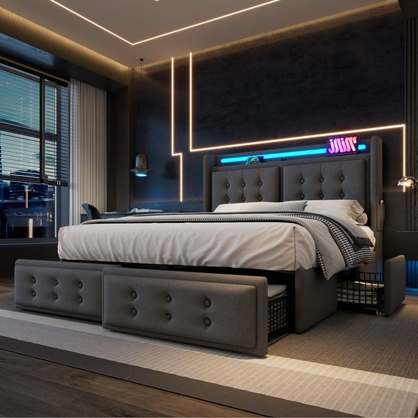 Polsterbett Baumwoll-Leinenstoff mit LED & USB-Anschluss, 160x200 cm, Grau, ohne Matratze