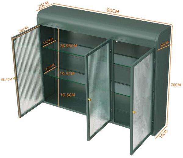 Celya Wandhängeschrank 3-türige, gewölbte Wandvitrinen, Drei Glastüren,Drei Fächer,Länge 90 cm, Grün