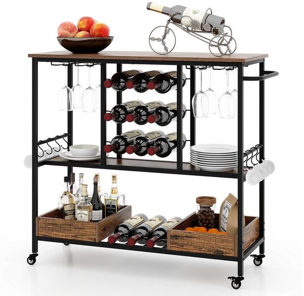 COSTWAY Servierwagen, Küche, mit Rollen, Glashaltern, Weinregal & Haken