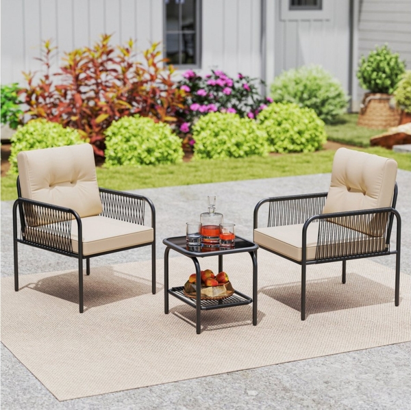 COSTWAY Balkonset, (3-tlg), 1 Tisch, 2 Stühle Gartenmöbel mit Kissen, Rattan Bild 3