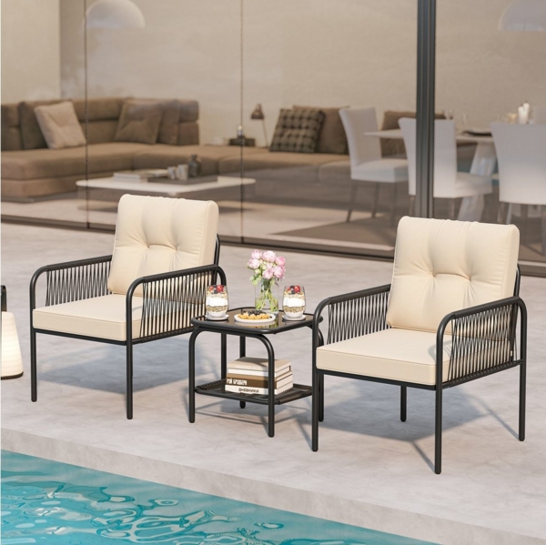 COSTWAY Balkonset, (3-tlg), 1 Tisch, 2 Stühle Gartenmöbel mit Kissen, Rattan Bild 2