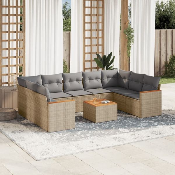 vidaXL 10-tlg. Garten-Sofagarnitur mit Kissen Beige Poly Rattan 3226283