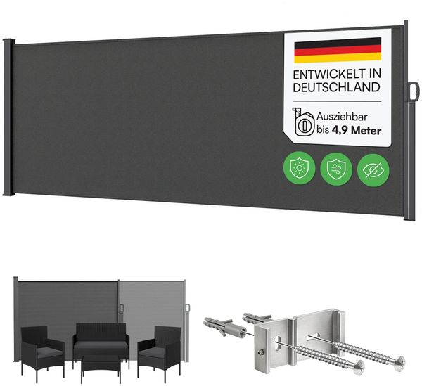 STEELSØN 'Zirella' Seitenmarkise mit Aluminium-Kassette, ausziehbar, 160x485 cm, anthrazit, Windschutz, wetterfest und blickdicht
