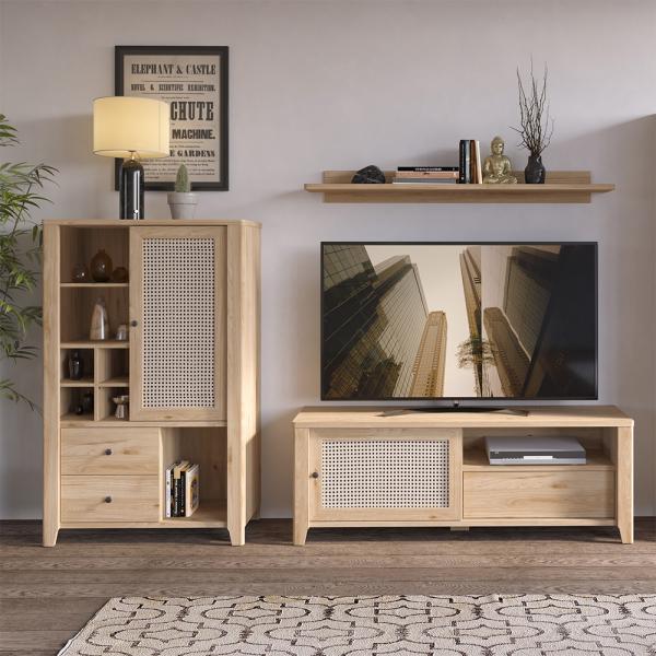 Kleine TV Wohnwand CREMONA-129 in Eiche Nb. mit Wiener Geflecht Nb, B/H/T: ca. 262/180/42 cm