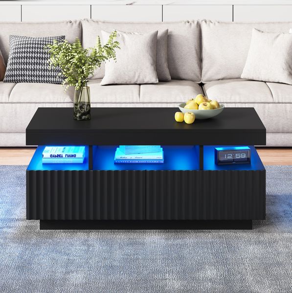 Couchtisch 100x50x45 cm, Schwarz mit vertikalen Streifen, LED-Beleuchtung & 2 Schubladen