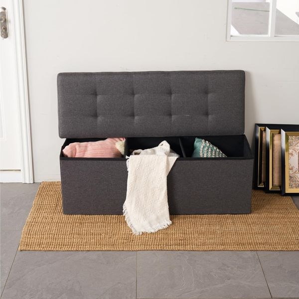 FurnitureR L-110 cm Aufbewahrungsbank aus Stoff, Ottoman am Ende des Bettes, Aufbewahrungsbox innen mit abnehmbarem Fach, faltbar, Aufbewahrungstruhe, Hocker für Wohnzimmer, Schlafzimmer