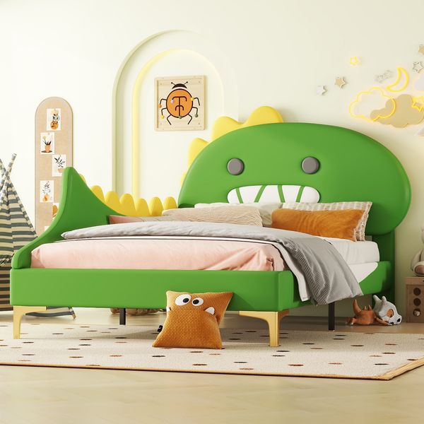 Kinderbett 90x200 cm in Cartoon-Dinosaurier-Form, Grünes Kunstleder-Bett mit stabilem Rahmen, Dinosaurierbett mit weichem Kopfteil