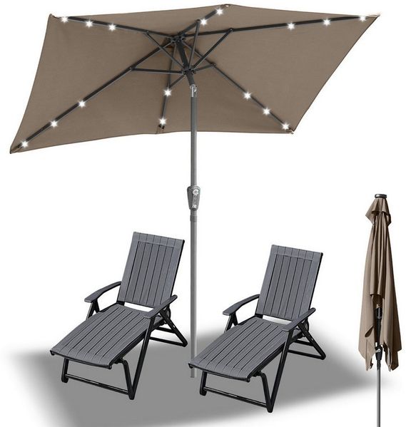 Clanmacy Sonnenschirm Sonnenschirm 140x210 cm LED Solar knickbar Großer Gartenschirm Taupe, LxB: 210x140 cm, Stabiler knickbar/für Garten, Balkon, Terasse/Sonnenschutz
