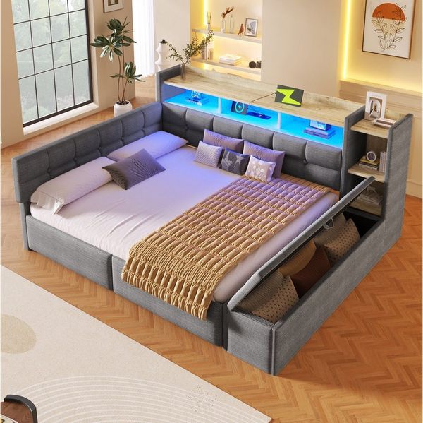 Flieks Daybett, Polsterbett 140×190cm mit LED, Aufladen, 2 Schubladen und Polsterbank