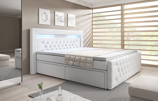 Arona Boxspringbett mit Schubladen, LED-Beleuchtung, Blau-LED, 140 x 200 cm, Matratze H2, Weiß