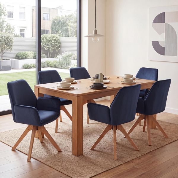 6er-Set Esszimmerstuhl HWC-G67, Esstischstuhl Küchenstuhl mit Armlehne, drehbar Holz Samt 320 g/m² MVG ~ anthrazit-blau