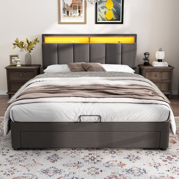 Polsterbett 140×190 cm mit LED-Kopfteil und Stauraum, grau