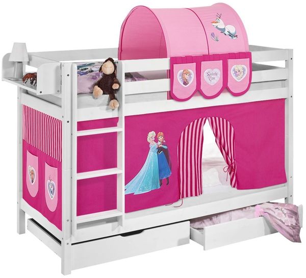 Lilokids 'Jelle' Etagenbett 90x190 cm, Eiskönigin Rosa, Kiefer massiv, mit Vorhang und Lattenroste