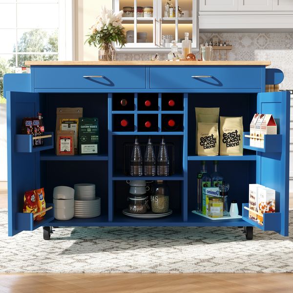 Kücheninsel Blau mit klappbarem Arbeitsbereich, multifunktionaler Esszimmerwagen, MDF-Tischplatte mit Holzmaserung, Zinkgriff, Weinregal und 360°Lenkrollen