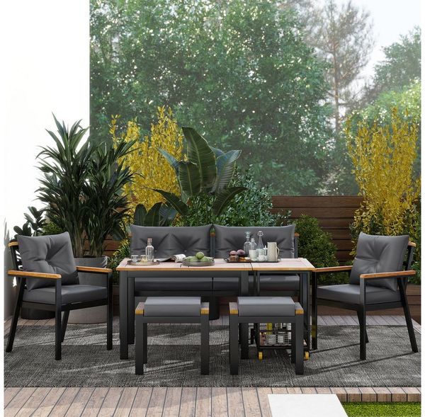 KLAM HOME Gartenlounge-Set Garten-Essgruppe mit Sesseln und abnehmbarem Servierwagen, (Gartenmöbel mit abnehmbarer und waschbarer für 6–7 Personen), geeignet für Gärten, Schwimmbäder und andere Außenbereiche Bild 2