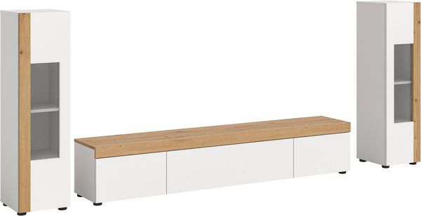 Home affaire Wohnwand Svala, Breite 180 cm, Wohnkombination, (Set, 3-St), stehend u. hängend montierbar, Vitrinenschränke, Lowboard