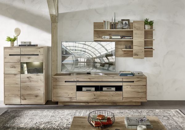 Wohnwand >Bellano< in Viking Oak Dekor, MDF, Spannplatte - 332x186x44cm (BxHxT)