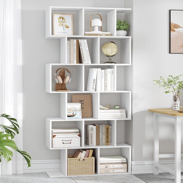 Bücherregal mit 6 Ebenen, Bücherschrank mit 12 Fächern, Büroregal, Ausstellungsregal, Bücherschrank Standregal, für Wohnzimmer, Schlafzimmer, Büro, Moderner, 29 x 78,6 x 188,4 cm, Weiß