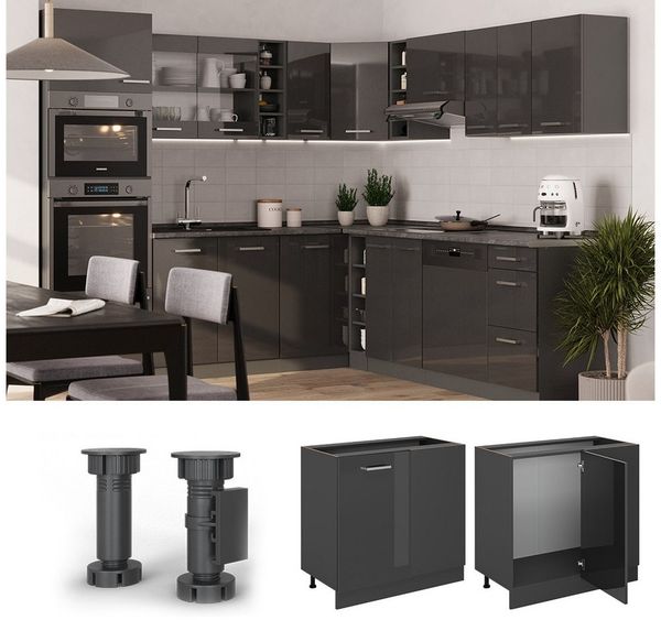Eckunterschrank R-Line Anthrazit Hochglanz 86 cm ohne Arbeitsplatte Vicco Bild 2