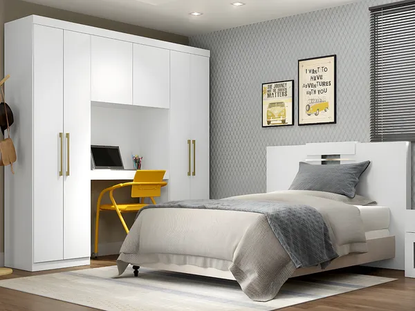 Vente-unique - Bettüberbau mit 6 Türen, Kleiderschrank & Stauraum - L. 200 cm - Weiß - ANTERO