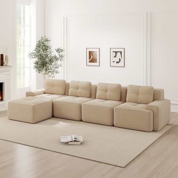 Flieks 4-Sitzer Sofa, Modular L-Form Schlafsofa, Tiefsofa mit Ottoman & 4 Kissen, Cord, Beige