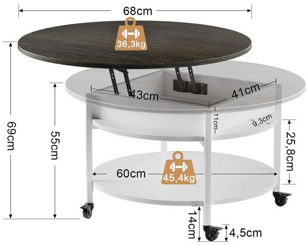 FABATO Couchtisch Runder Couchtisch mit Höhenverstellung, Rädern und Staufach (1-St), ideal für Wohnzimmer, in Weiß Bild 2