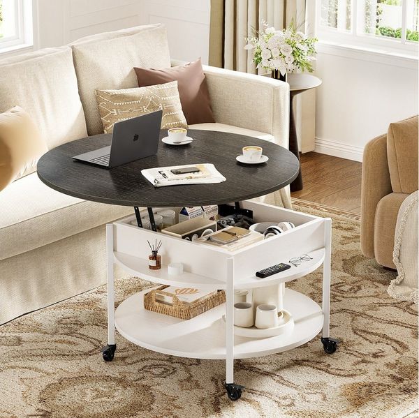 FABATO Couchtisch Runder Couchtisch mit Höhenverstellung, Rädern und Staufach (1-St), ideal für Wohnzimmer, in Weiß