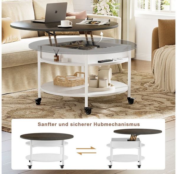 FABATO Couchtisch Runder Couchtisch mit Höhenverstellung, Rädern und Staufach (1-St), ideal für Wohnzimmer, in Weiß Bild 4