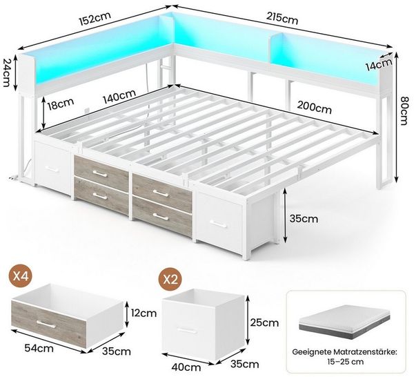 MSMASK Daybett Schlafsofa mit LED-Beleuchtung & Ladestation, Jugendbett Kinderbett, mit Integriertem Bücherregal & 6 Schubladen, 140x200cm