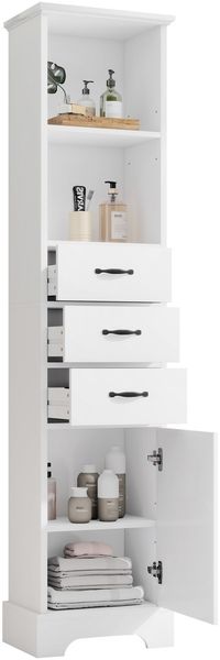 Flieks Badezimmer-Hochschrank 38 x 26 x 172.5 cm, schmaler Badschrank mit 3 Schubladen, offenen Fächern, Türfach, weiß
