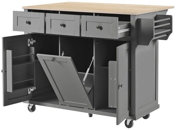 BlingBin Küchenwagen Kücheninsel mit Rollen, Ausziehbarer Essbereich Servierwagen, (1er Set, 1 St, Produktgröße: 112×46.2~76.2×92.7cm, Gewichtskapazität: Deckplatte-50kg), Küchenschrank mit Abfallbehälterfach und Schubladen für Küche, Grau